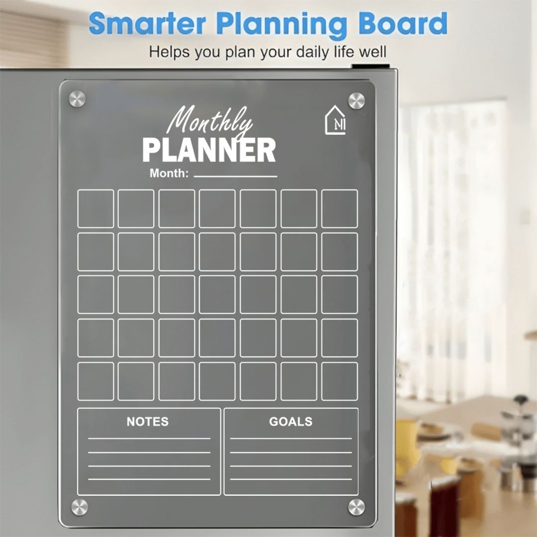 Minimal Acrylic Monthly Planner Board – Magnetic Fridge Organizer with Notes & Goals Section (Comes with Pen & Rag) - Memories InsiteMONTHLY BLOCK FRIDGE PLANNER WITH NOTES AND GOALS 1